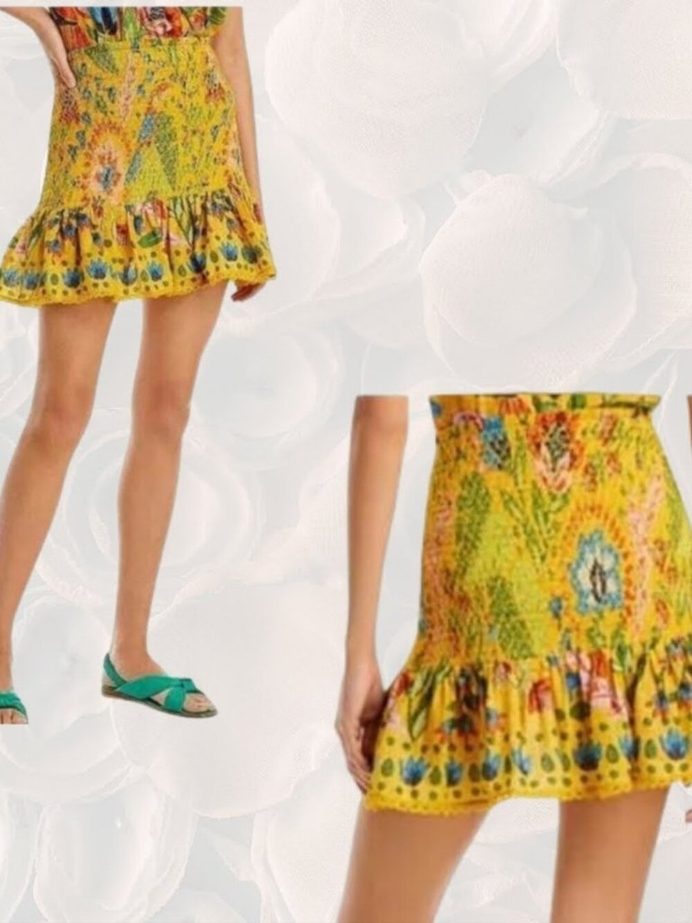 Farm Rio Yellow Summer Garden Smocked Ruffle Mini Skirt Size Small